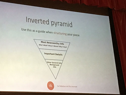 A slide in Rachel's presentation of the 'inverted pyramid' model for writing